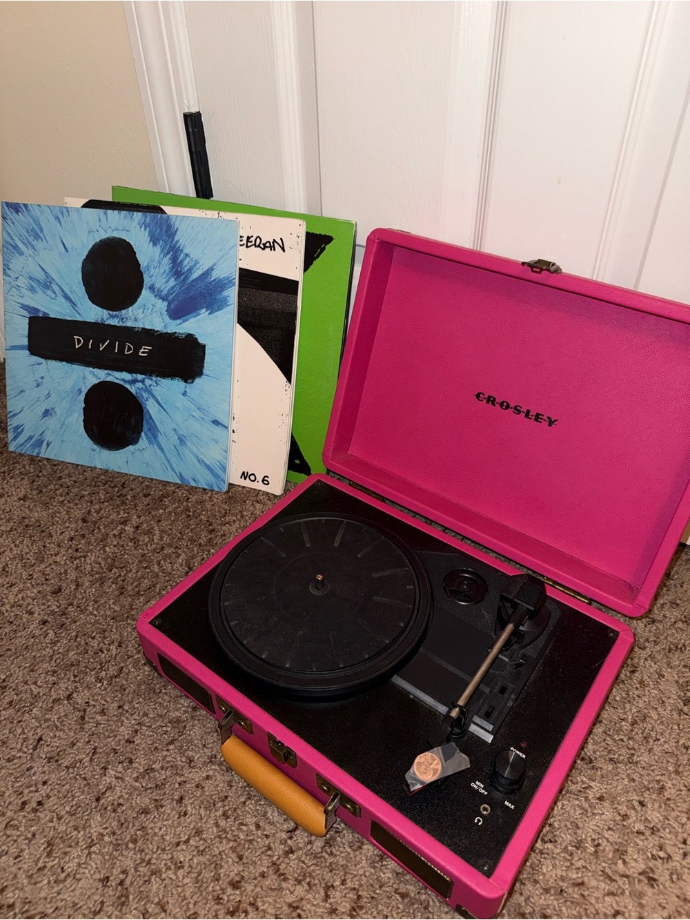 Crosley Hot Pink Portable Suitcase Turntable with Yellow Handle